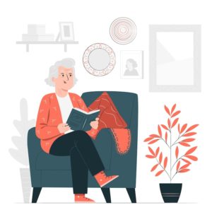 vieille dame assise dans canape lit livre